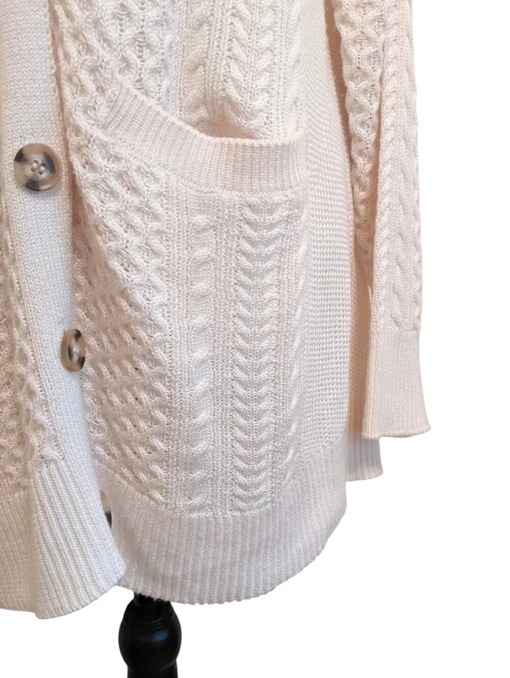 Grandma Cable Cardigan Sweater Long Off White Cream Roomy Pockets XL